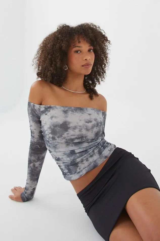Clothing Supr Long Sleeve Tops Khloe Off The Shoulder Top Tess Tiedye Grey