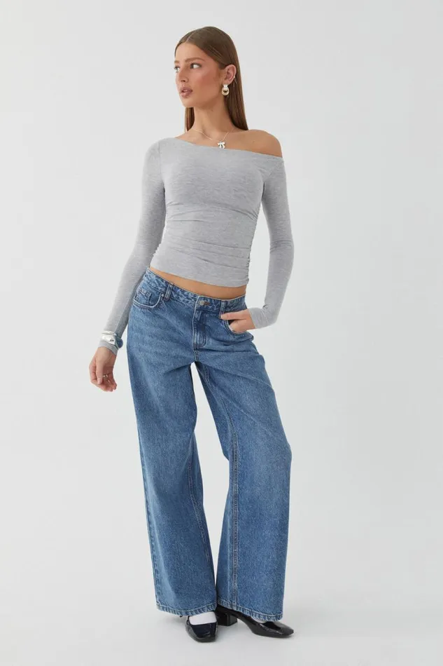 Clothing Supr Long Sleeve Tops Soft Long Sleeve Off Shoulder Top Grey Marle