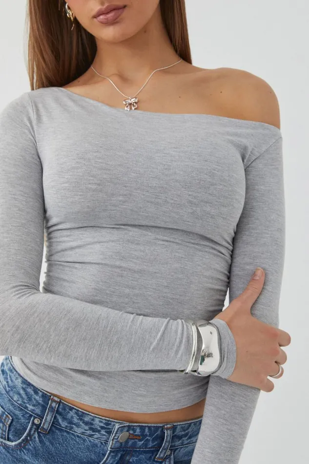Clothing Supr Long Sleeve Tops Soft Long Sleeve Off Shoulder Top Grey Marle