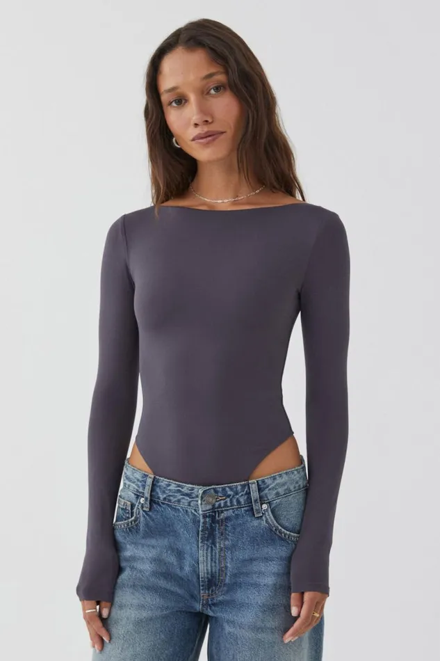 Clothing Supr Luxe Essentials Luxe Backless Long Sleeve Bodysuit Gunmetal