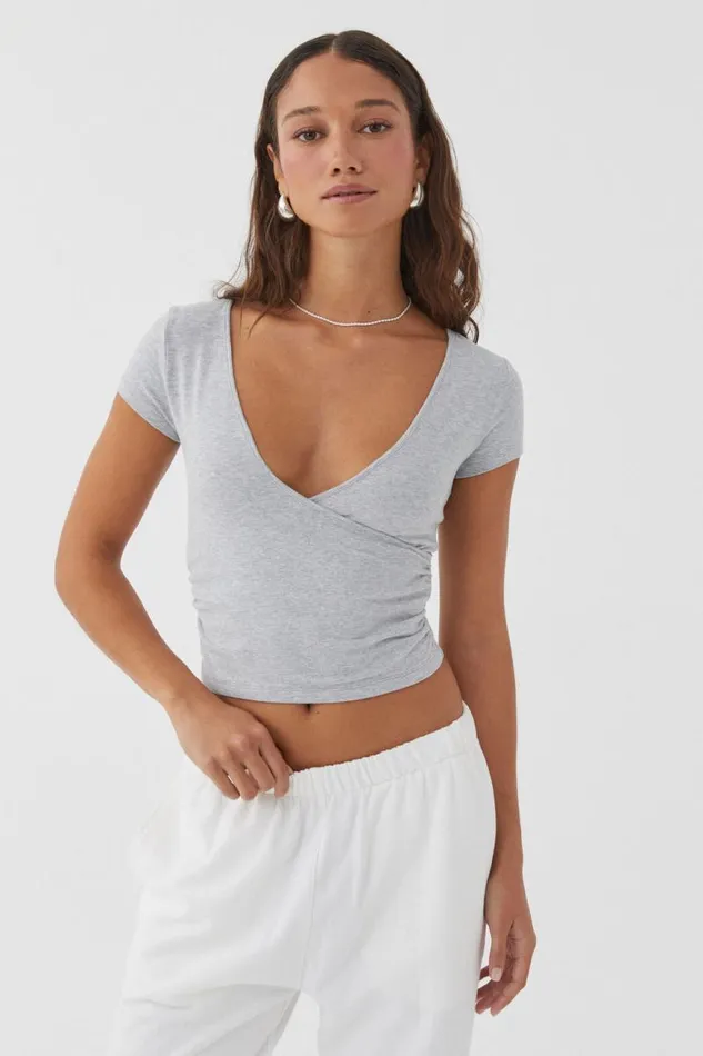 Clothing Supr T Shirts Evie Wrap Top Silver Grey Marle