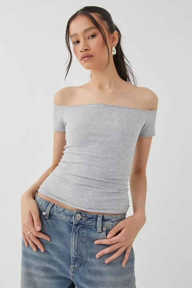 Clothing Supr T Shirts Laura Off Shoulder Tee Grey Marle