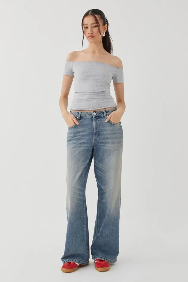 Clothing Supr T Shirts Laura Off Shoulder Tee Grey Marle