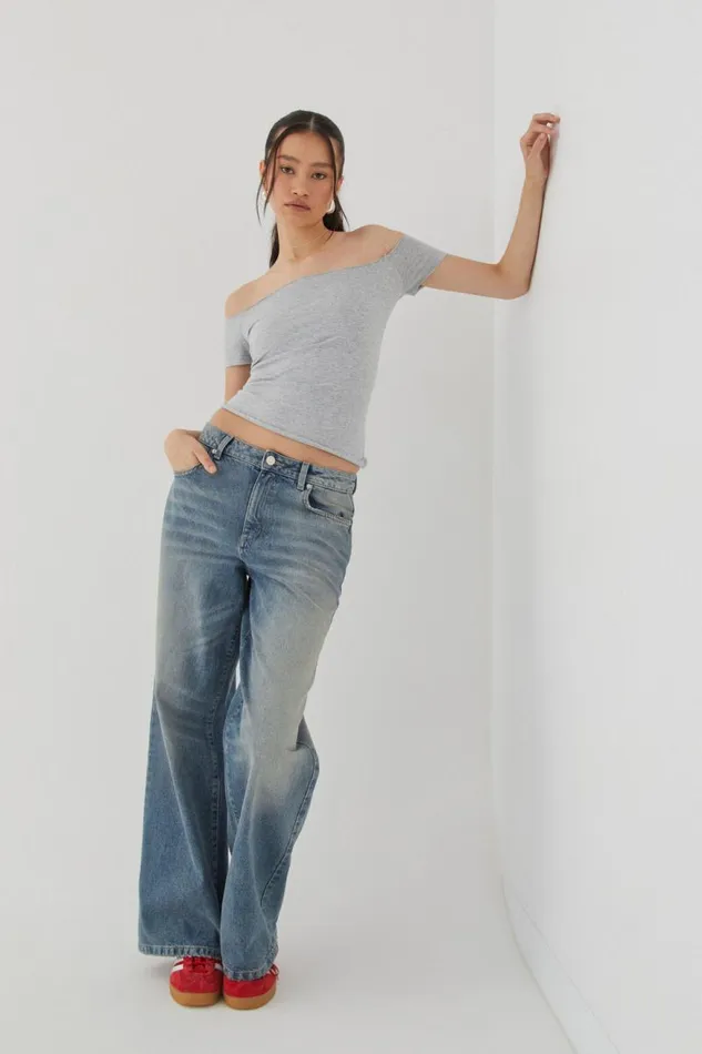 Clothing Supr T Shirts Laura Off Shoulder Tee Grey Marle