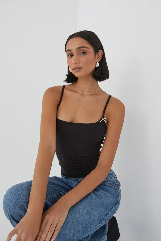Clothing Supr Tank Tops Molly Thin Strap Cami Black With Bow