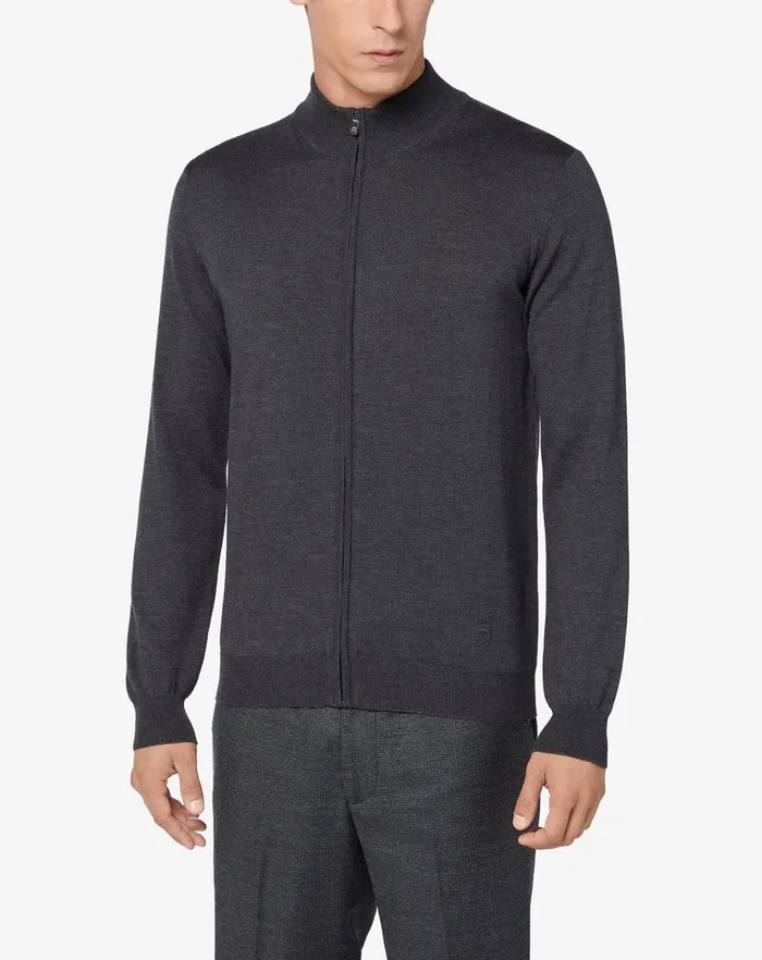 Corneliani Knitwear Merino Wool Full Zip Jumper In Dark Grey 8211 Men