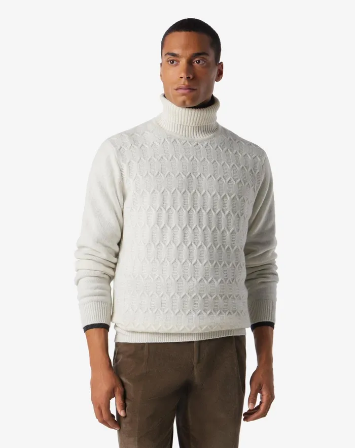 Corneliani Knitwear White Pure Cashmere Turtleneck With Geometric Pattern 8211 Men