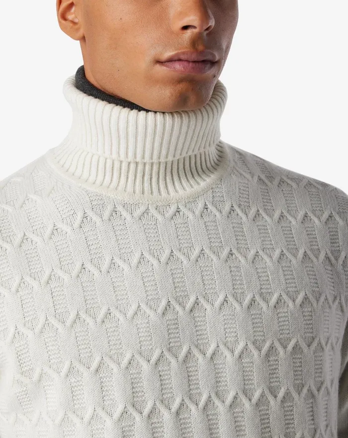 Corneliani Knitwear White Pure Cashmere Turtleneck With Geometric Pattern 8211 Men