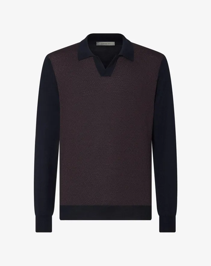 Corneliani Polos and TShirts Bluepurple Jacquard Extra Fine Merino Wool Polo Shirt For Men 8211 Men
