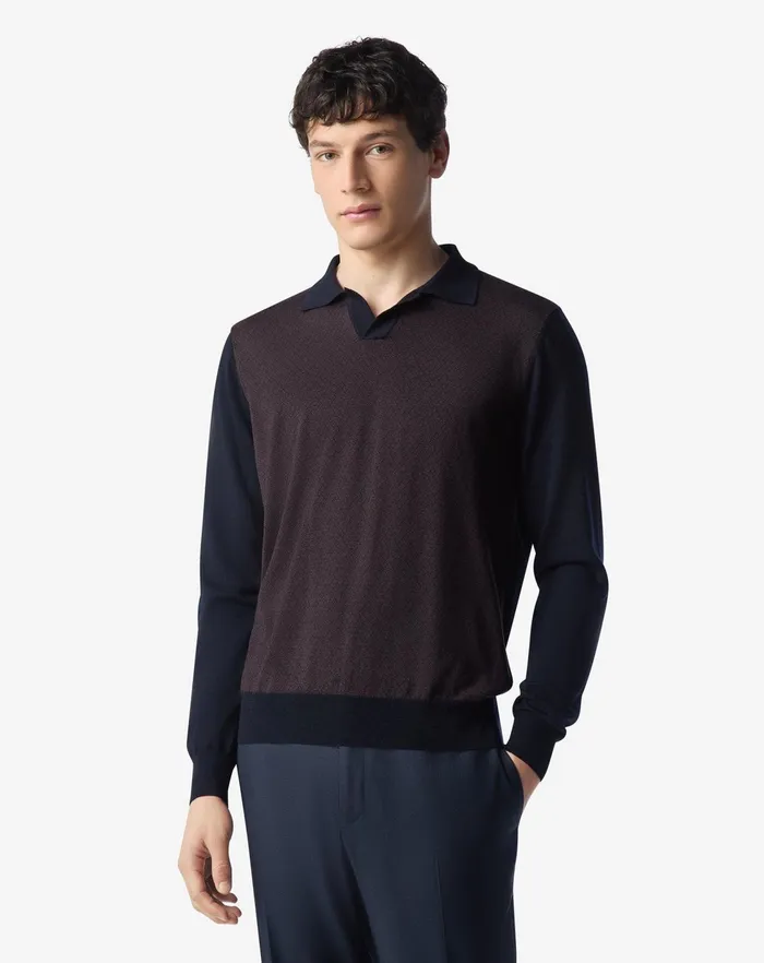 Corneliani Polos and TShirts Bluepurple Jacquard Extra Fine Merino Wool Polo Shirt For Men 8211 Men