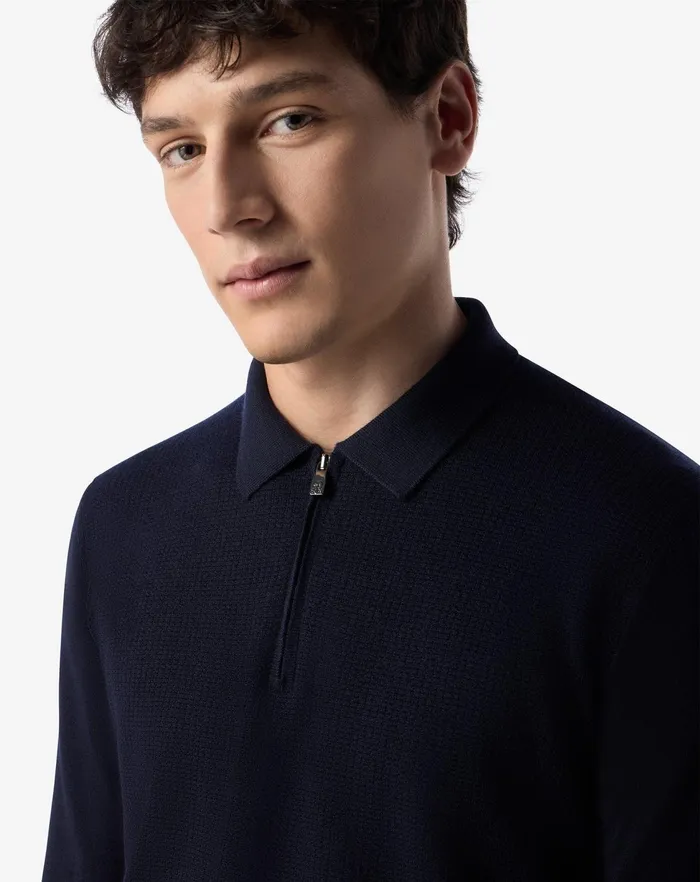 Corneliani Polos and TShirts Navy Blue Merino Wool Buttonup Polo Shirt For Men 8211 Men