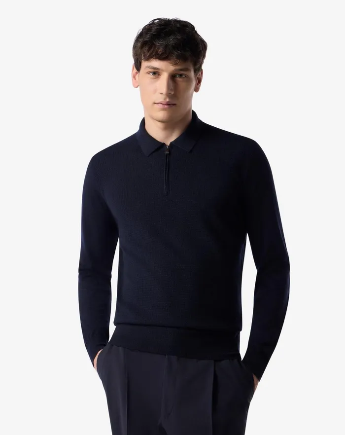 Corneliani Polos and TShirts Navy Blue Merino Wool Buttonup Polo Shirt For Men 8211 Men