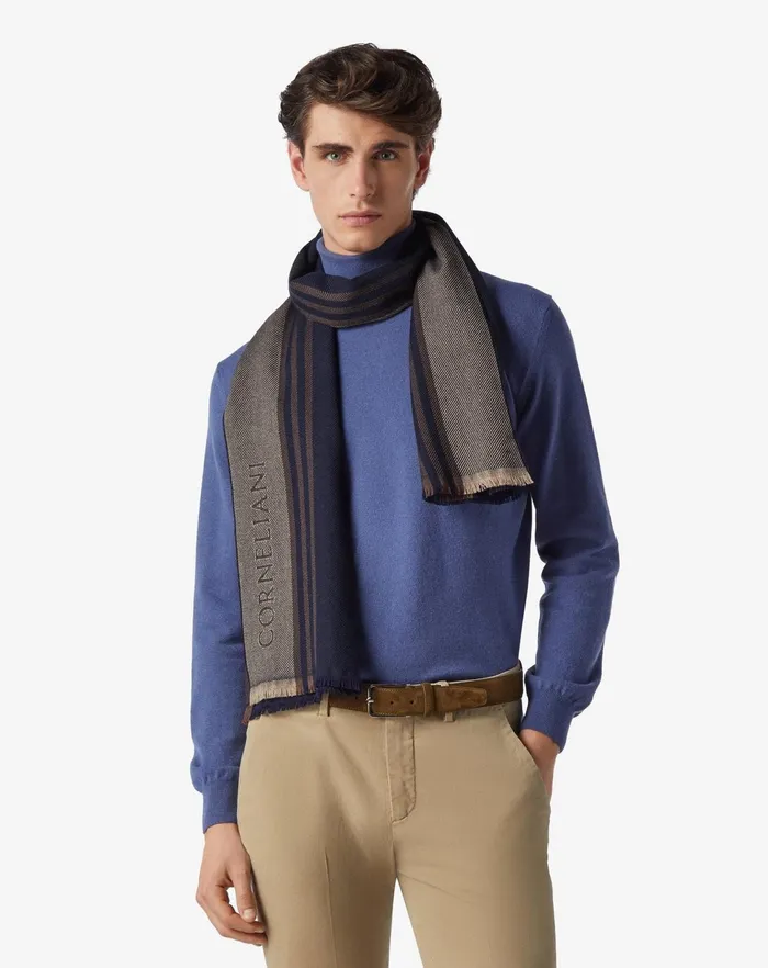 Corneliani Scarves And Hats Navy Blue Wool And Jacquard Cashmere Scarf For Men 8211 Men