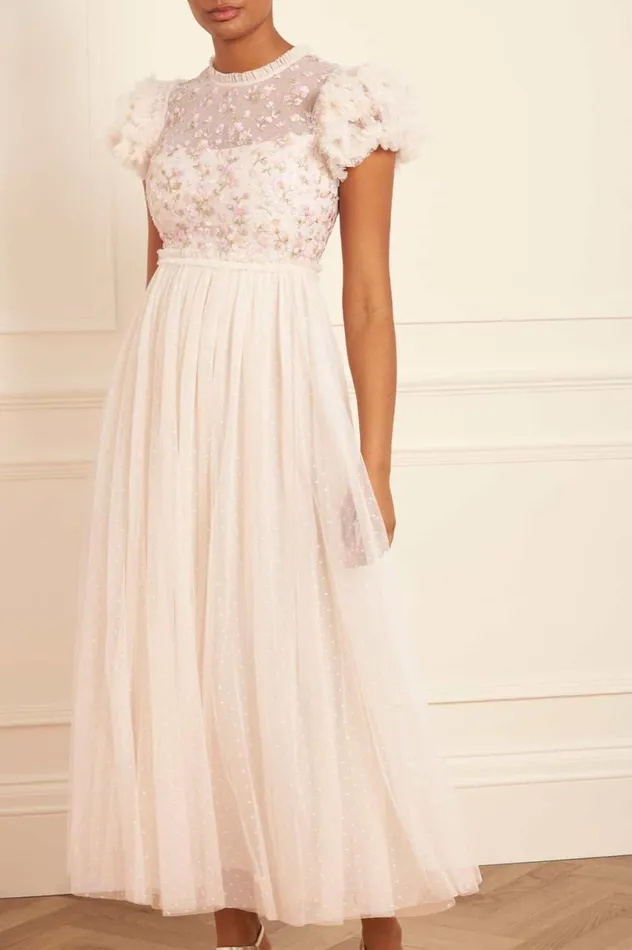 Dahlia Ditsy Bodice Round Neck Ankle Gown Champagne Women Needle and Thread Dresses