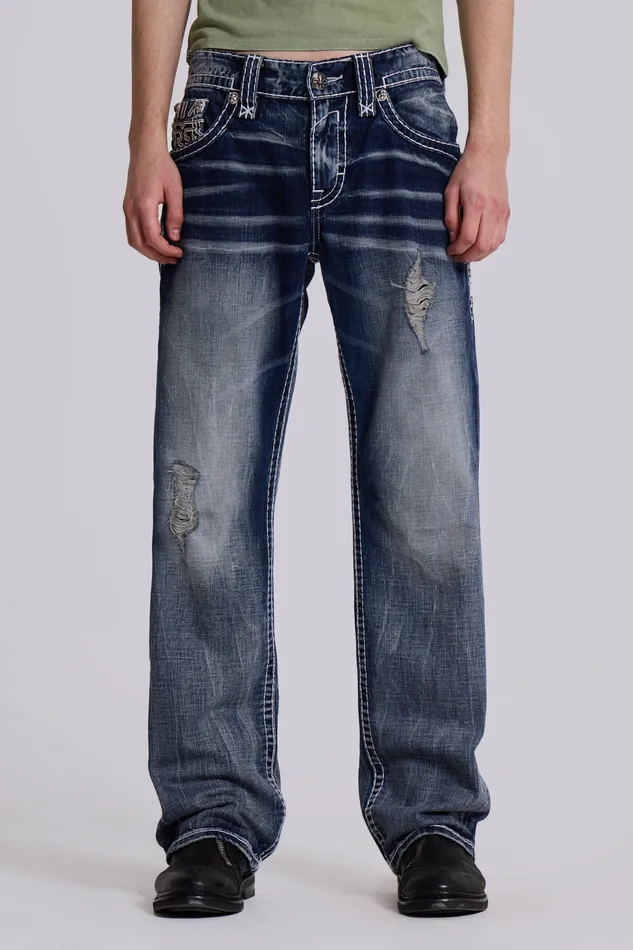 Denim Jaded London Men Shop Rock Revival Mid Blue Gwen Bootcut Jeans