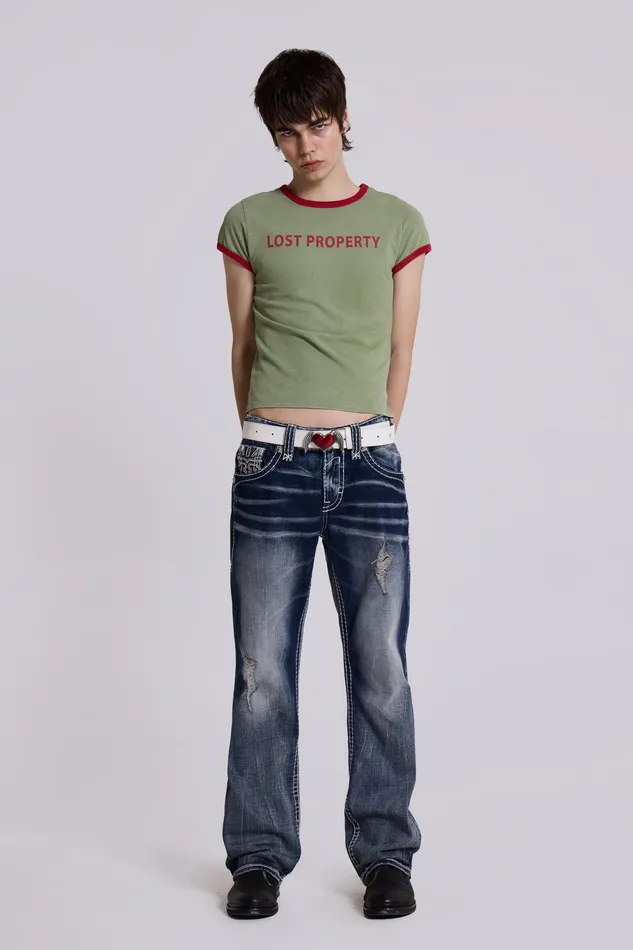 Denim Jaded London Men Shop Rock Revival Mid Blue Gwen Bootcut Jeans
