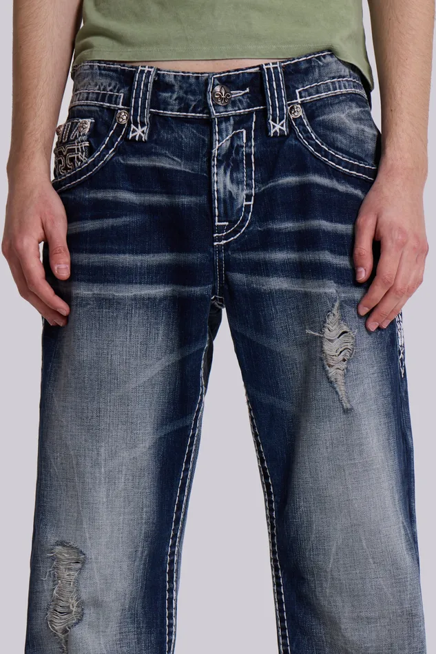 Denim Jaded London Men Shop Rock Revival Mid Blue Gwen Bootcut Jeans