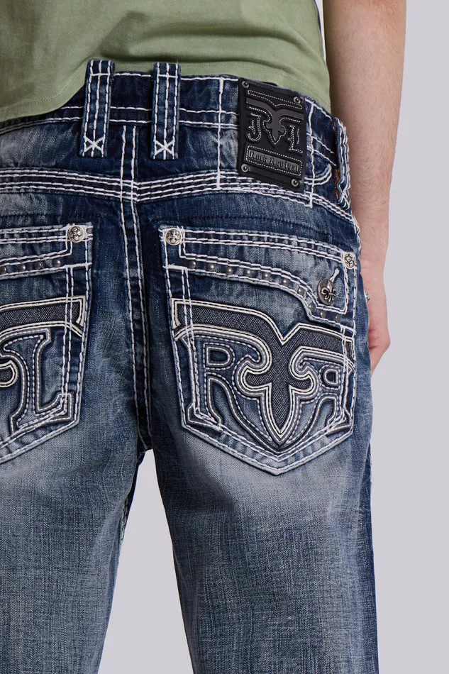 Denim Jaded London Men Shop Rock Revival Mid Blue Gwen Bootcut Jeans