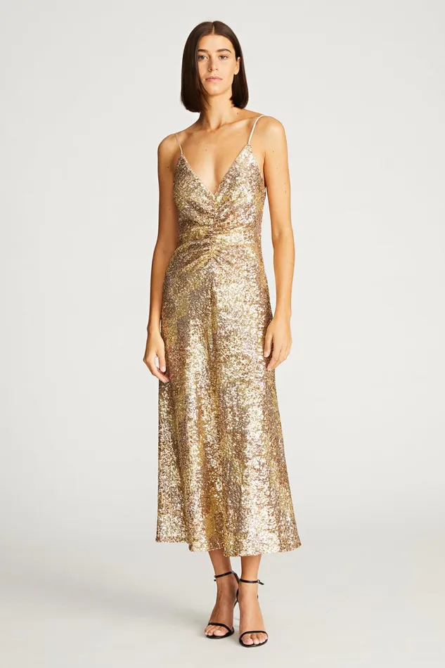 Dresses Women Halston Alesandra Dress In Wave Sequin Gold Tonal