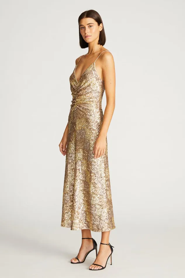 Dresses Women Halston Alesandra Dress In Wave Sequin Gold Tonal