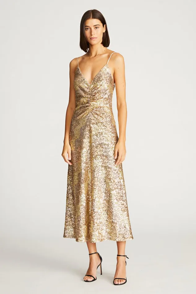 Dresses Women Halston Alesandra Dress In Wave Sequin Gold Tonal