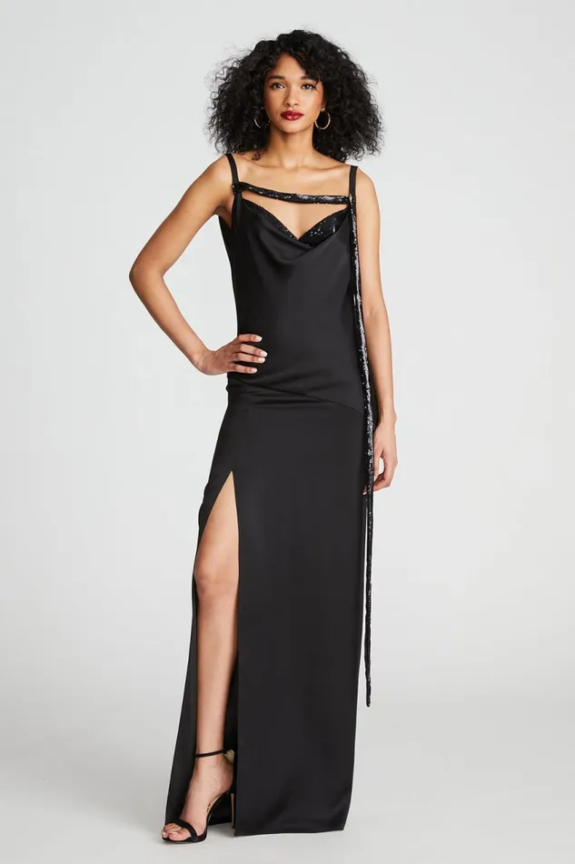 Dresses Women Halston Nomi Gown In Satin and Sequin Black