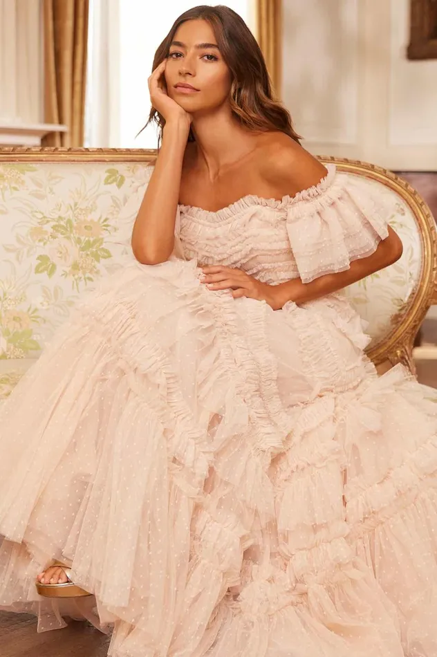 Elia OffShoulder Gown Beige Women Needle and Thread Dresses