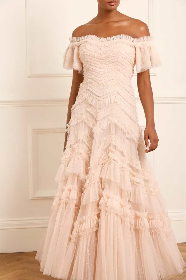 Elia OffShoulder Gown Beige Women Needle and Thread Dresses
