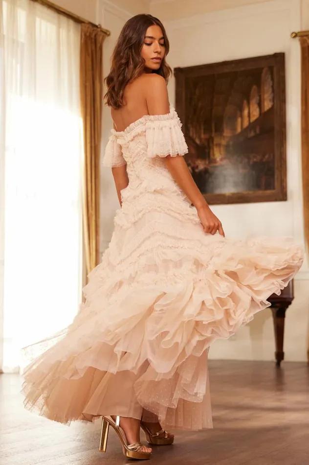 Elia OffShoulder Gown Beige Women Needle and Thread Dresses