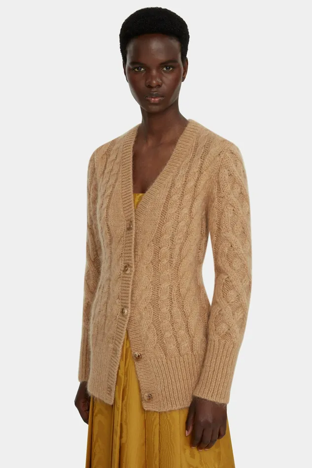 Emilia Wickstead Ross Cable Knit Cardigan in Beige Mohair Women Knitwear Emilia Wickstead Ross Cable Knit Cardigan in Beige Mohair Women Knitwear