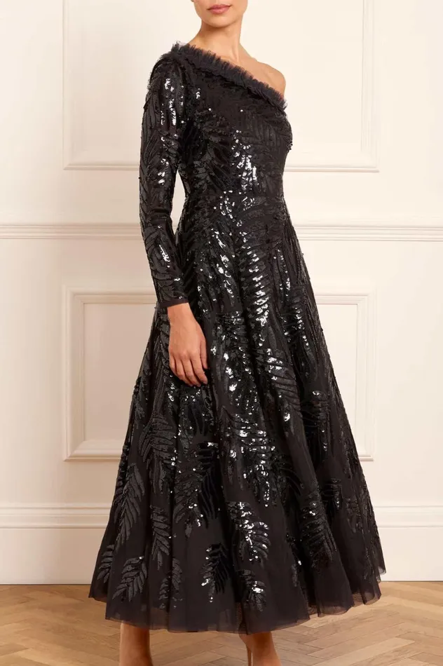 Feather Sequin OneShoulder Ankle Gown Black Women Needle and Thread Dresses