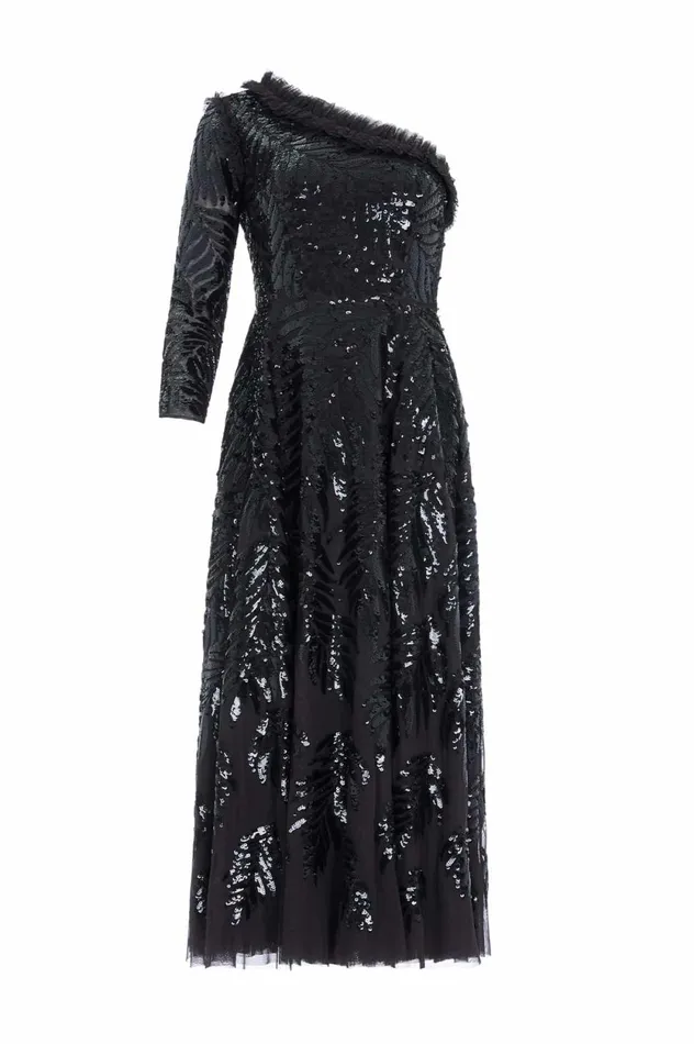 Feather Sequin OneShoulder Ankle Gown Black Women Needle and Thread Dresses