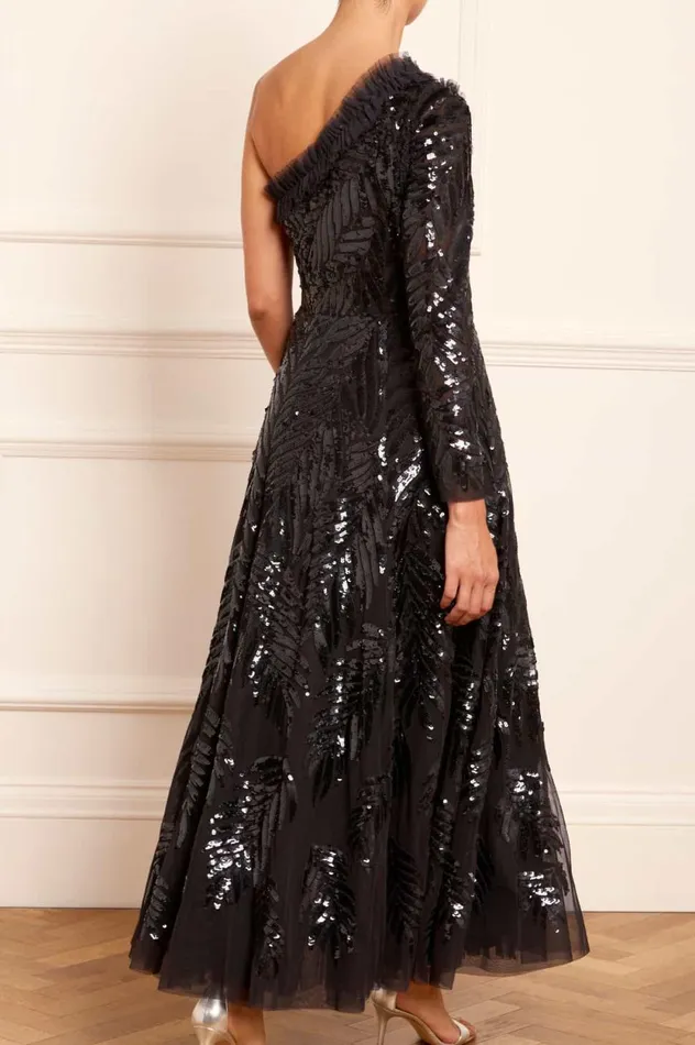 Feather Sequin OneShoulder Ankle Gown Black Women Needle and Thread Dresses