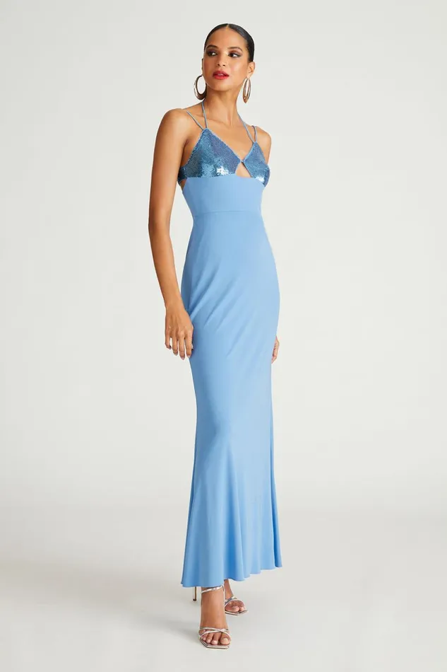 Gowns Women Halston Kasen Gown In Jersey and Sequin Tranquil Blue