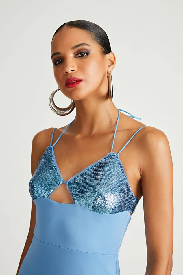 Gowns Women Halston Kasen Gown In Jersey and Sequin Tranquil Blue