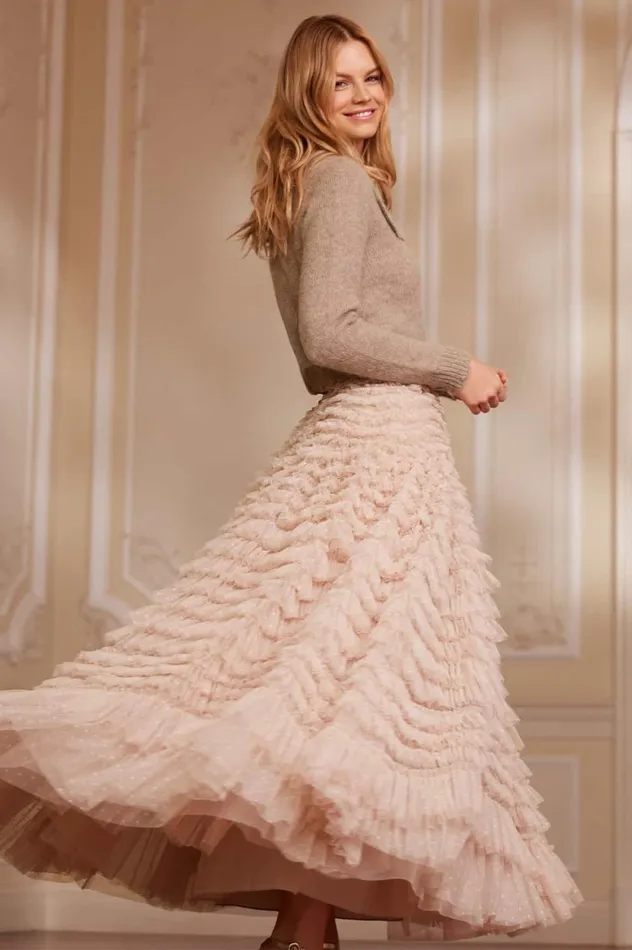 Hattie Ruffle Ankle Skirt Beige Women Needle and Thread Skirts