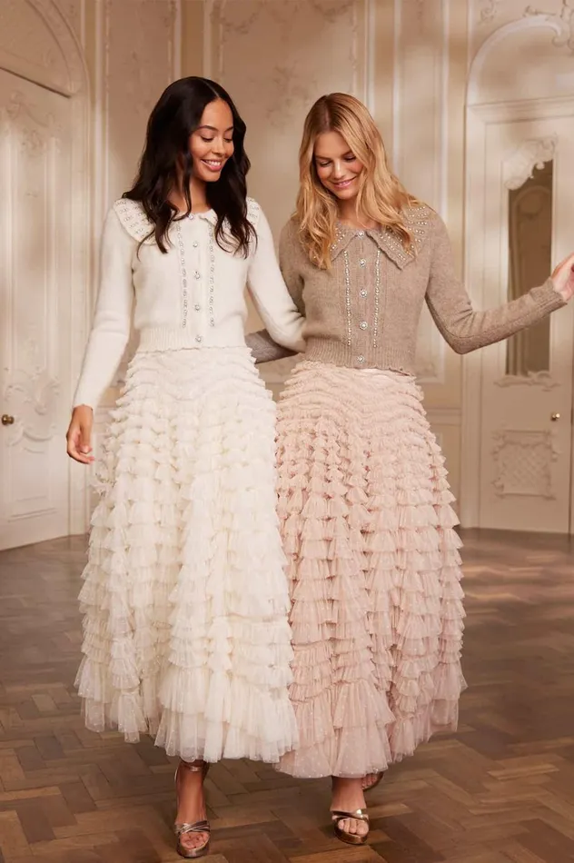 Hattie Ruffle Ankle Skirt Beige Women Needle and Thread Skirts
