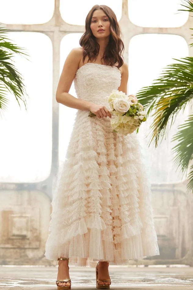Hattie Ruffle Strapless Ankle Gown Champagne Women Needle and Thread Dresses