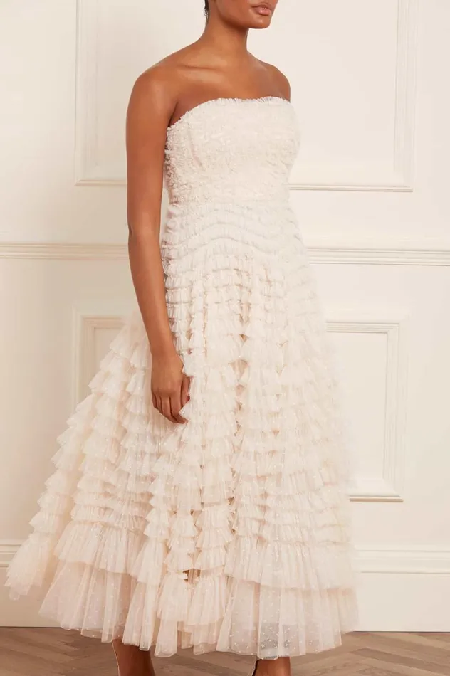 Hattie Ruffle Strapless Ankle Gown Champagne Women Needle and Thread Dresses