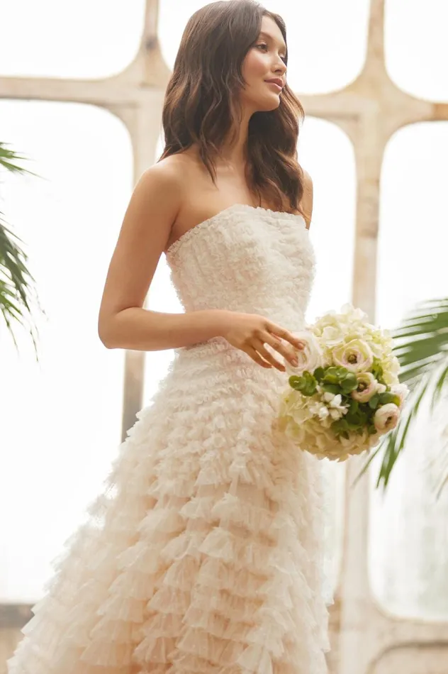 Hattie Ruffle Strapless Ankle Gown Champagne Women Needle and Thread Dresses