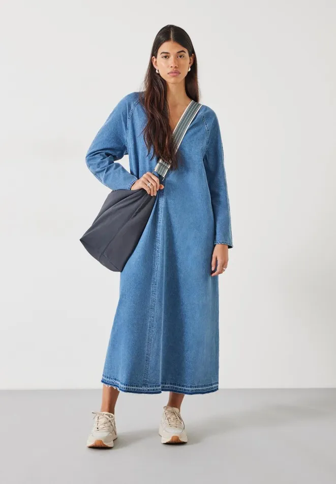 Hush Dresses Women Marina VNeck Denim Maxi Dress Mid Authentic Blue