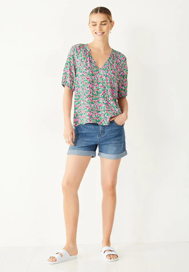 Hush Shirts and Blouses Women Kari V Neck Blouse Watercolour Floral Pinkgreen