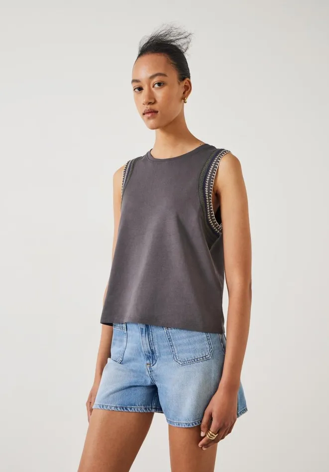 Hush Tops and Tshirts Women Ash Crochet Trim Tank Washed Black