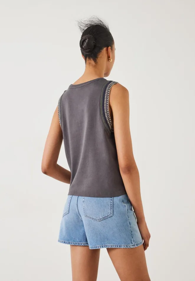 Hush Tops and Tshirts Women Ash Crochet Trim Tank Washed Black Hush Tops and Tshirts Women Ash Crochet Trim Tank Washed Black