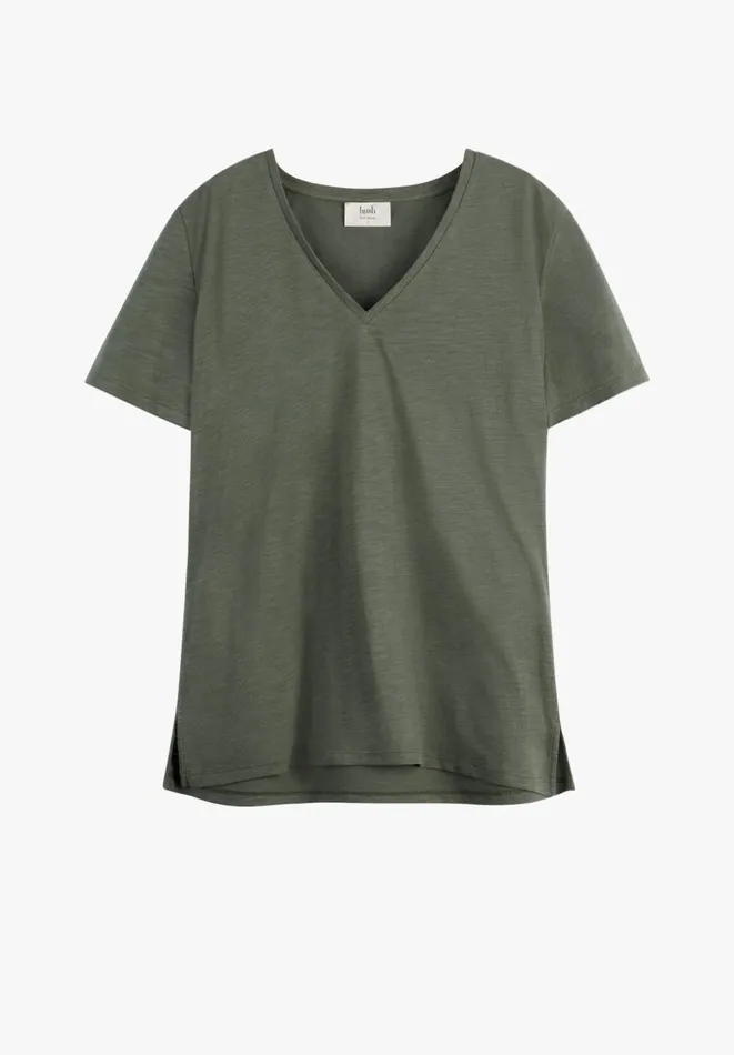 Hush Tops and Tshirts Women Cali Cotton Slub V Tee Khaki Hush Tops and Tshirts Women Cali Cotton Slub V Tee Khaki