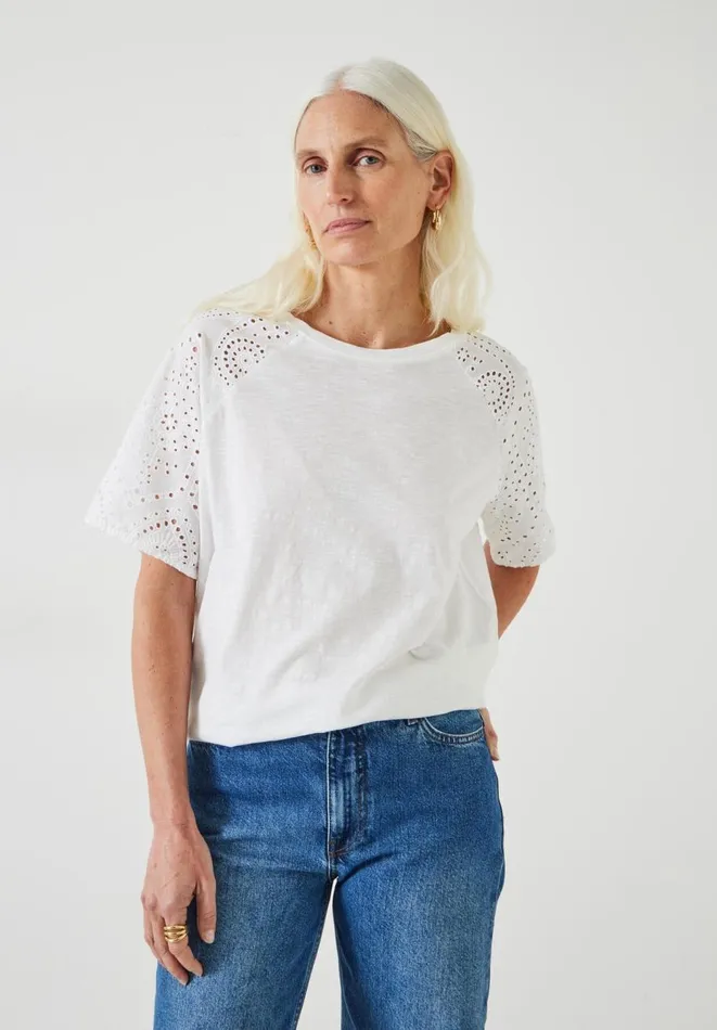 Hush Tops and Tshirts Women Ella Broderie Sleeve TShirt White Hush Tops and Tshirts Women Ella Broderie Sleeve TShirt White