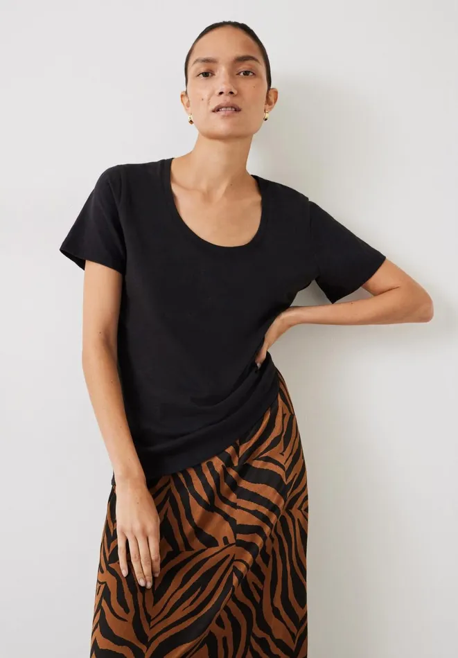Hush Tops and Tshirts Women Hari Scoop Neck Cotton Slub TShirt Black