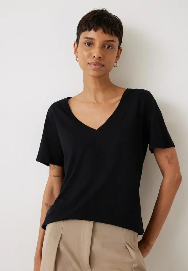 Hush Tops and Tshirts Women Kali Cotton Slub VNeck TShirt Black
