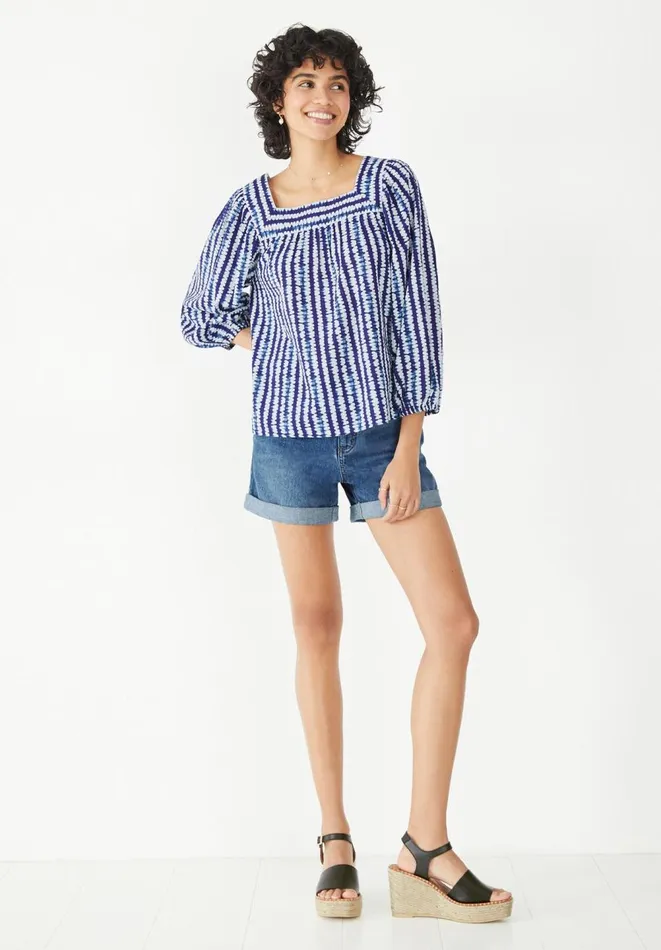 Hush Tops and Tshirts Women Keyleigh Square Neck Top Shibori Stripe Navy