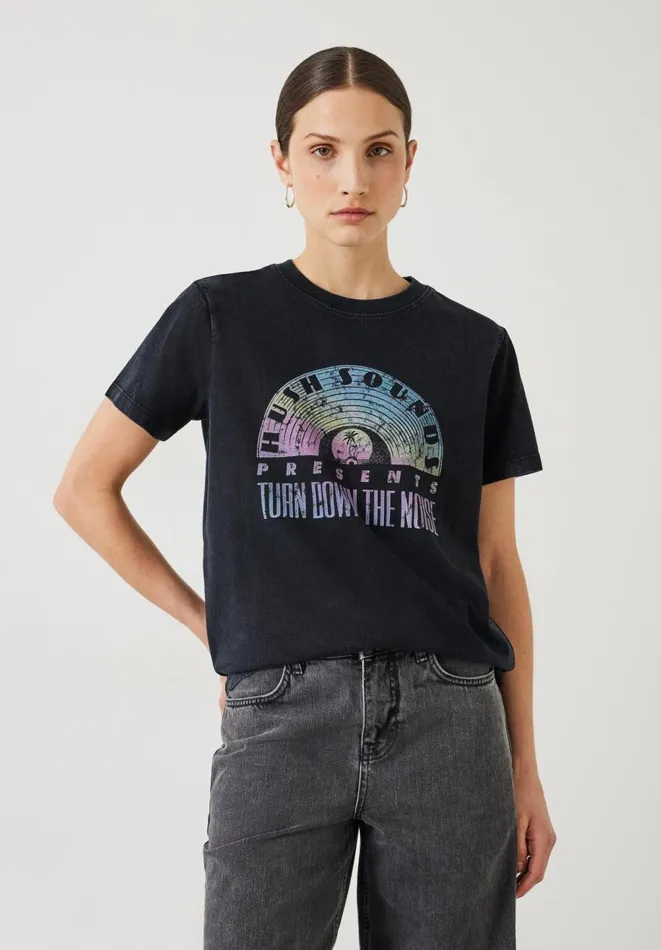 Hush Tops and Tshirts Women Ombre Rainbow Graphic T Shirt Black Onyx